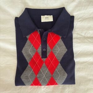 Ami Alexandre Mattiussi Navy Blue Grey Red Argyle Wool Sweater NWT Size L